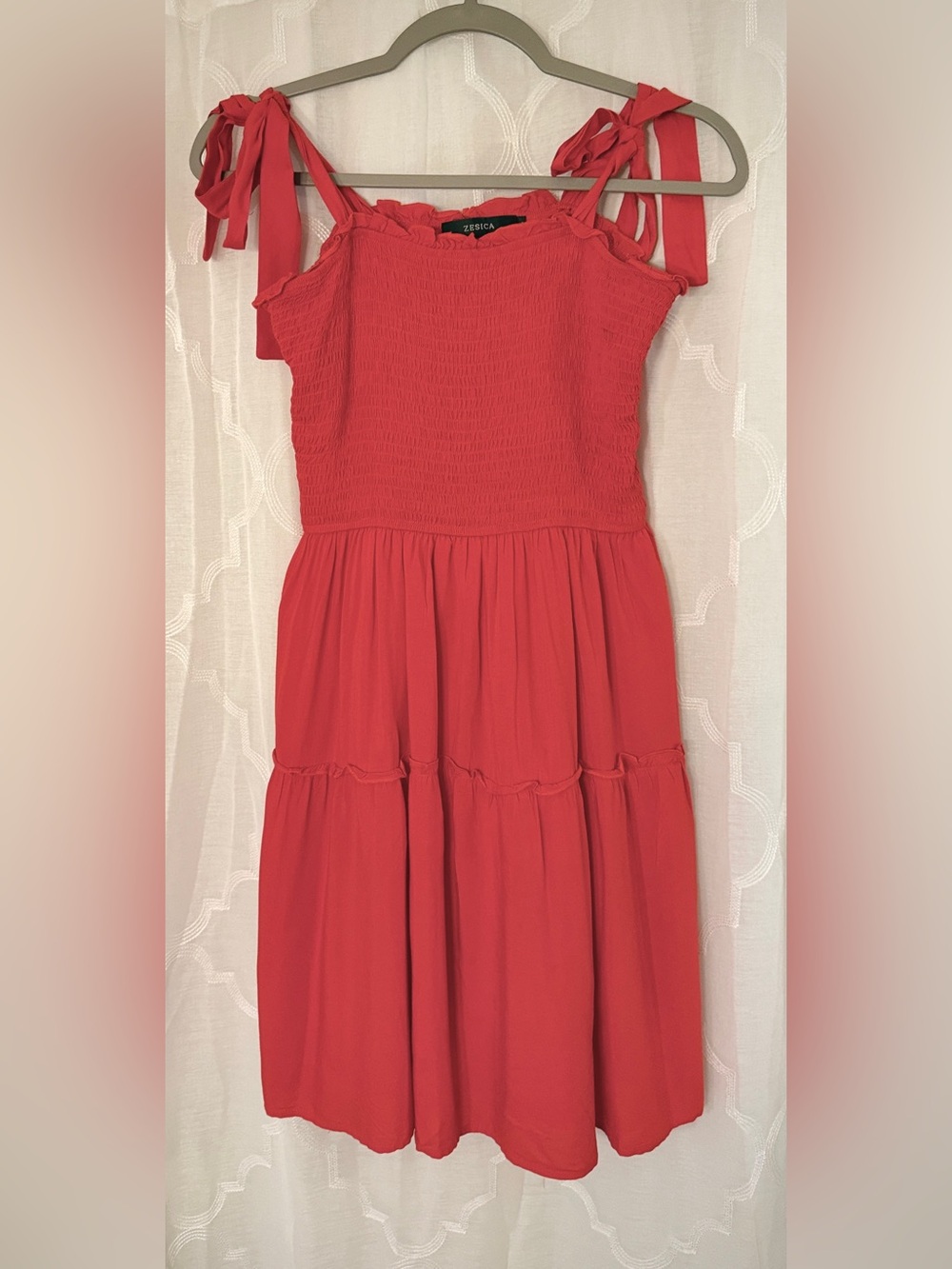 Zesica Coral Smocked Tie Strap Midi Dress | Size Large